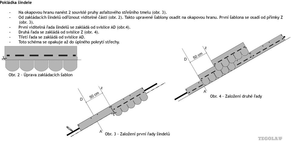 První šablona se osadí od přímky Z (obr. 3). - První viditelná řada šindelů se zakládá od svislice AD (obr.4).