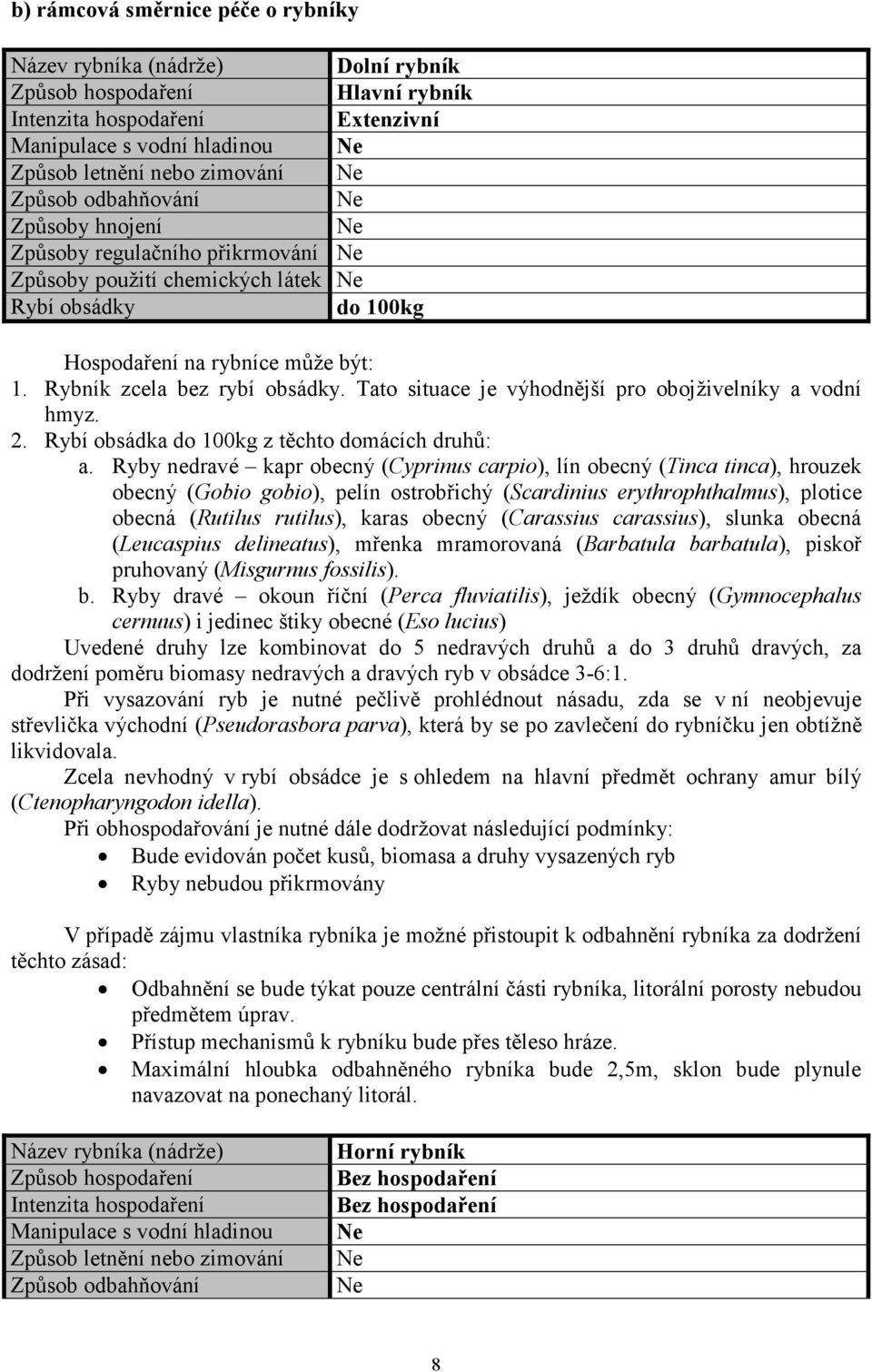 Tato situace je výhodnější pro obojživelníky a vodní hmyz. 2. Rybí obsádka do 100kg z těchto domácích druhů: a.