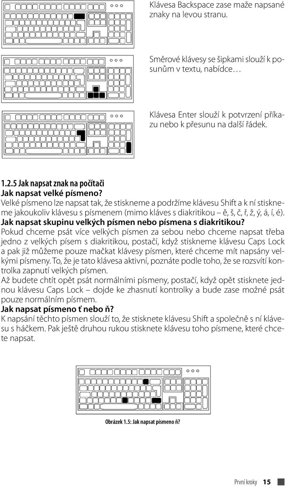 Velké písmeno lze napsat tak, že stiskneme a podržíme klávesu Shift a k ní stiskneme jakoukoliv klávesu s písmenem (mimo kláves s diakritikou ě, š, č, ř, ž, ý, á, í, é).