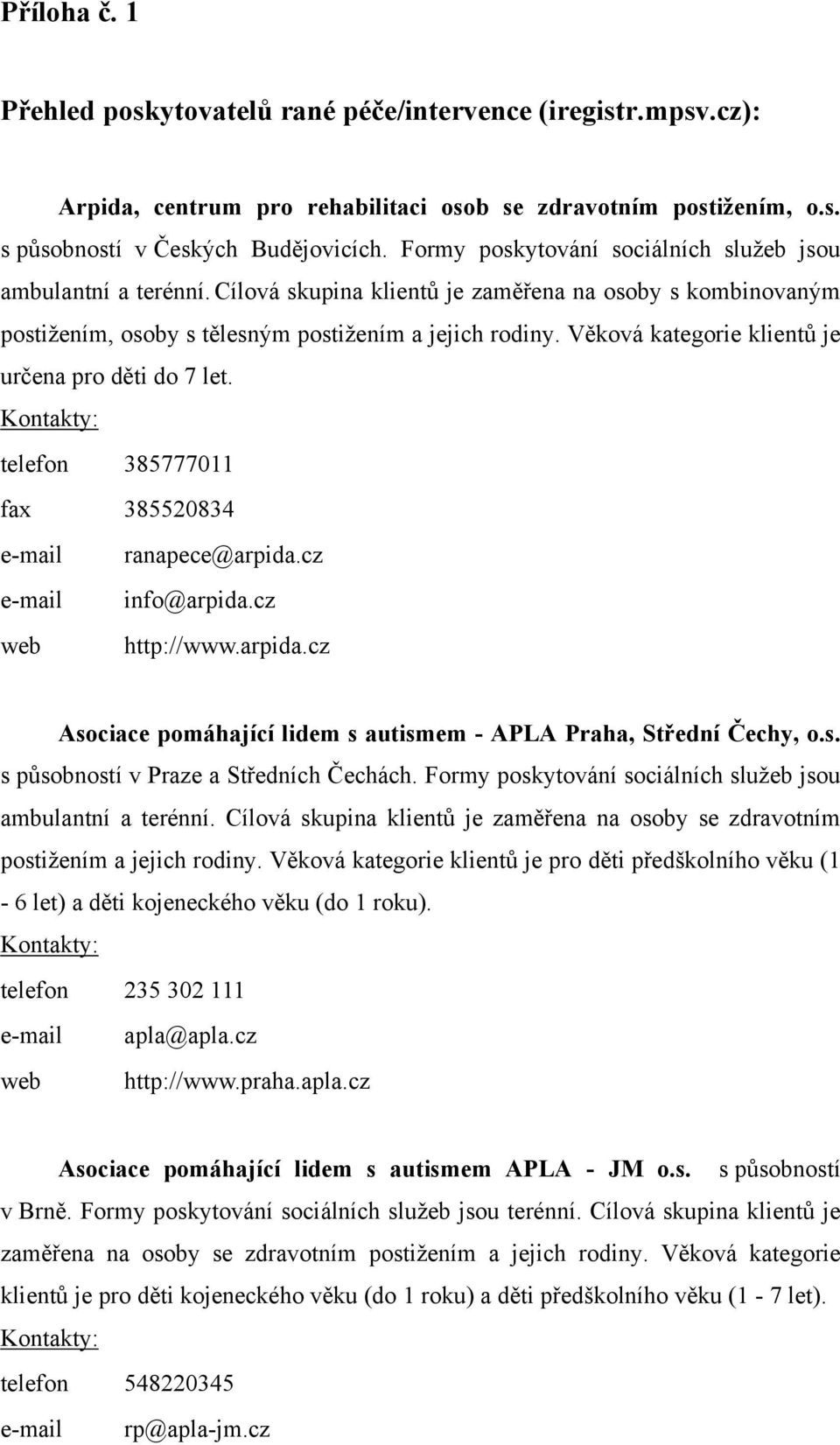 Věková kategorie klientů je určena pro děti do 7 let. telefon 385777011 fax 385520834 e-mail ranapece@arpida.cz e-mail info@arpida.cz web http://www.arpida.cz Asociace pomáhající lidem s autismem - APLA Praha, Střední Čechy, o.