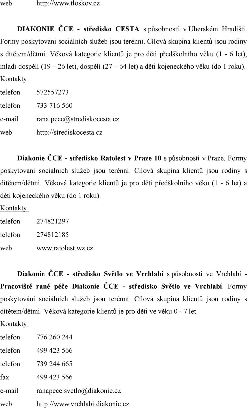 pece@strediskocesta.cz web http://strediskocesta.cz Diakonie ČCE - středisko Ratolest v Praze 10 s působností v Praze. Formy poskytování sociálních služeb jsou terénní.