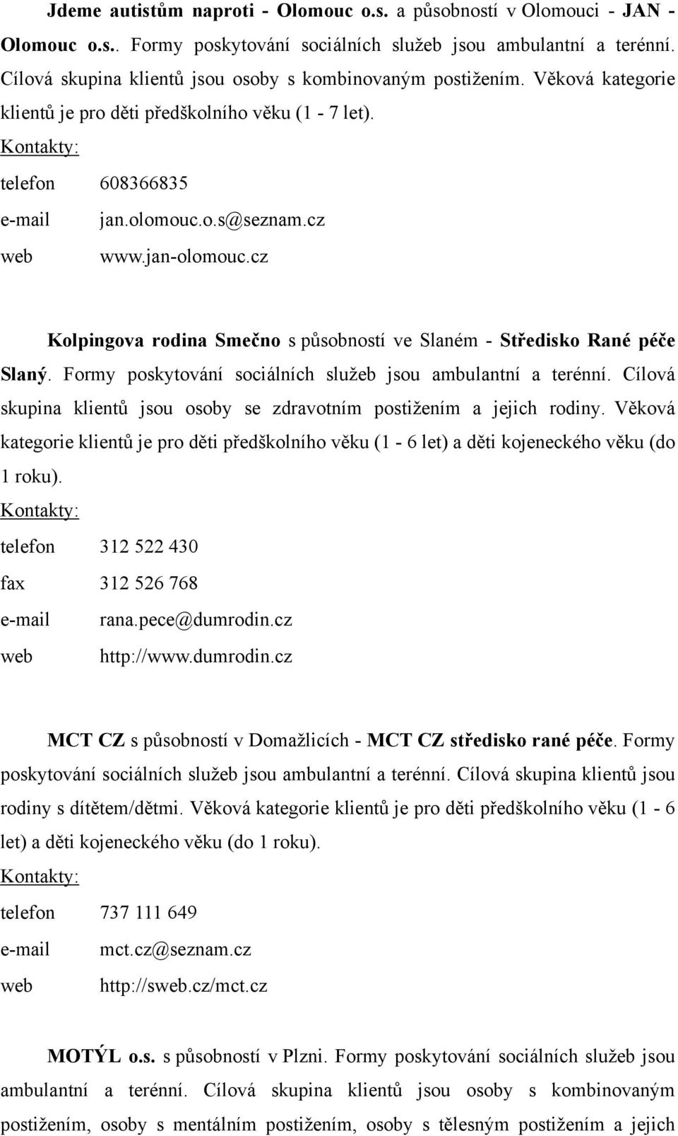 cz Kolpingova rodina Smečno s působností ve Slaném - Středisko Rané péče Slaný. Formy poskytování sociálních služeb jsou ambulantní a terénní.