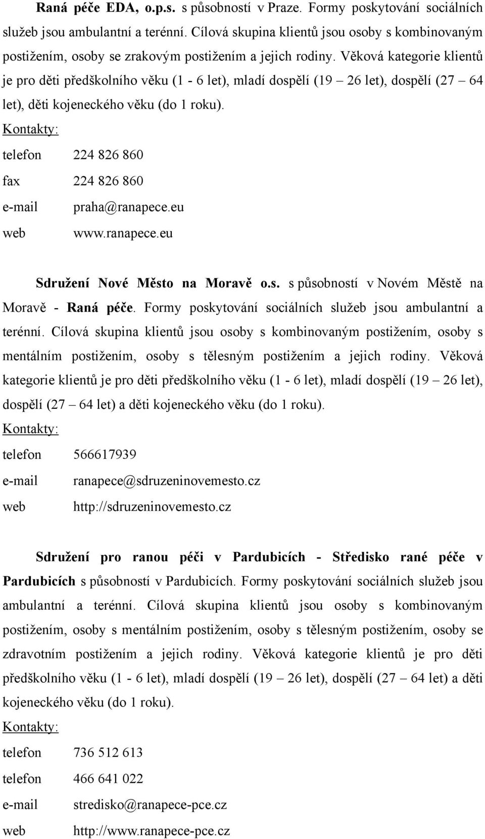 Věková kategorie klientů je pro děti předškolního věku (1-6 let), mladí dospělí (19 26 let), dospělí (27 64 let), děti kojeneckého věku (do 1 roku).