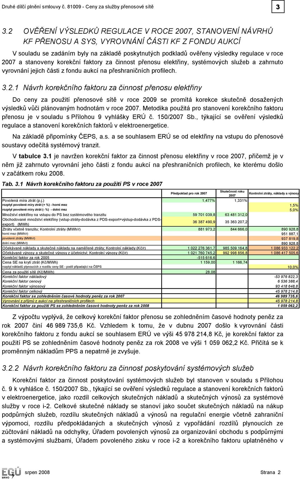 roce 2007 a stanoveny korekční faktory za činnost přenosu elektřiny, systémových služeb a zahrnuto vyrovnání jejich části z fondu aukcí na přeshraničních profilech. 3.2.1 Návrh korekčního faktoru za činnost přenosu elektřiny Do ceny za použití přenosové sítě v roce 2009 se promítá korekce skutečně dosažených výsledků vůči plánovaným hodnotám v roce 2007.