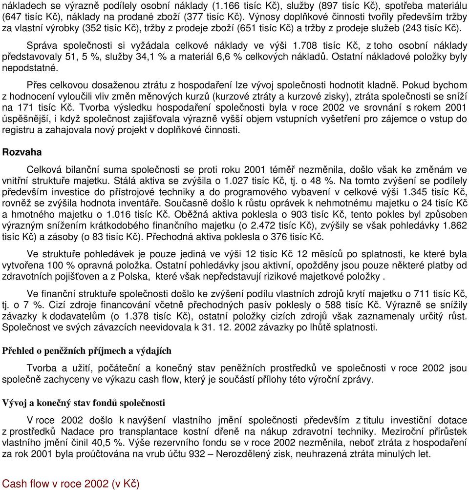 Správa společnosti si vyžádala celkové náklady ve výši 1.708 tisíc Kč, z toho osobní náklady představovaly 51, 5 %, služby 34,1 % a materiál 6,6 % celkových nákladů.