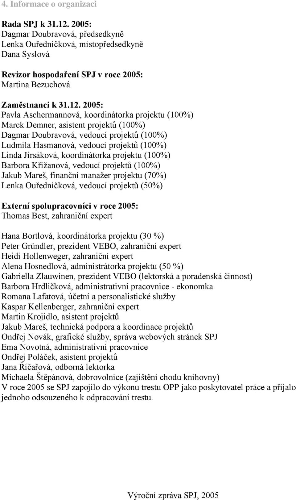 2005: Pavla Aschermannová, koordinátorka projektu (100%) Marek Demner, asistent projektů (100%) Dagmar Doubravová, vedoucí projektů (100%) Ludmila Hasmanová, vedoucí projektů (100%) Linda Jirsáková,