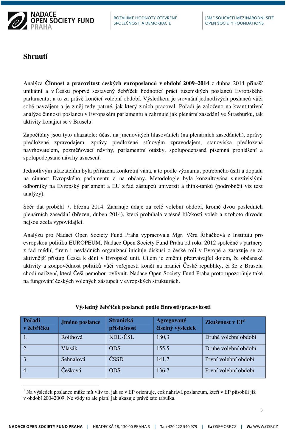 Pořadí je založeno na kvantitativní analýze činnosti poslanců v Evropském parlamentu a zahrnuje jak plenární zasedání ve Štrasburku, tak aktivity konající se v Bruselu.