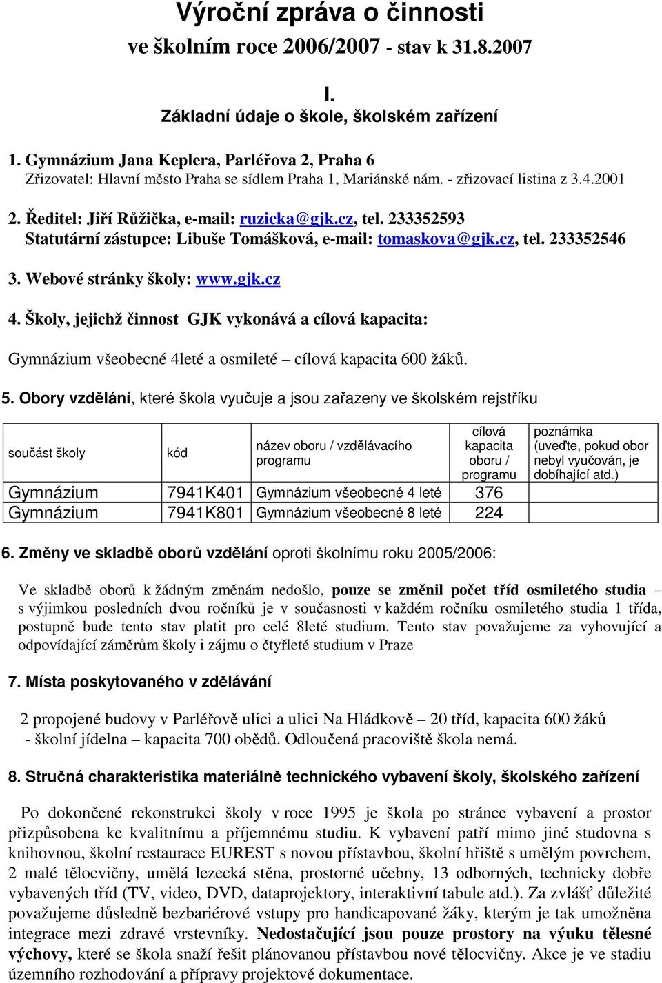 233352593 Statutární zástupce: Libuše Tomášková, e-mail: tomaskova@gjk.cz, tel. 233352546 3. Webové stránky školy: www.gjk.cz 4.