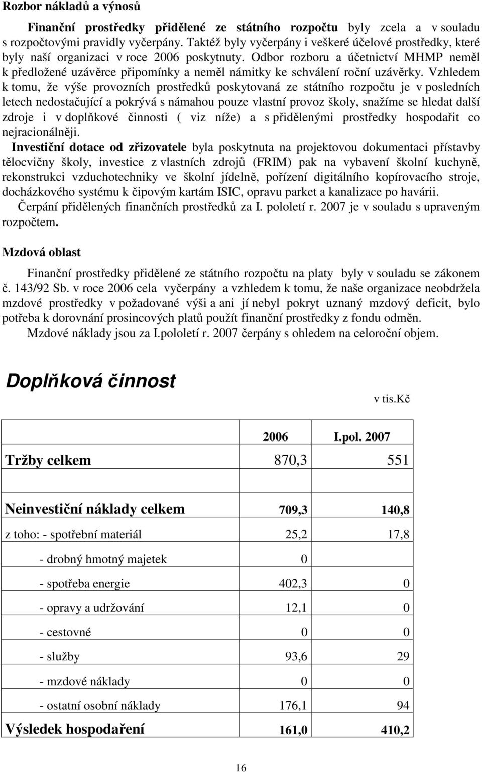 Odbor rozboru a účetnictví MHMP neměl k předložené uzávěrce připomínky a neměl námitky ke schválení roční uzávěrky.