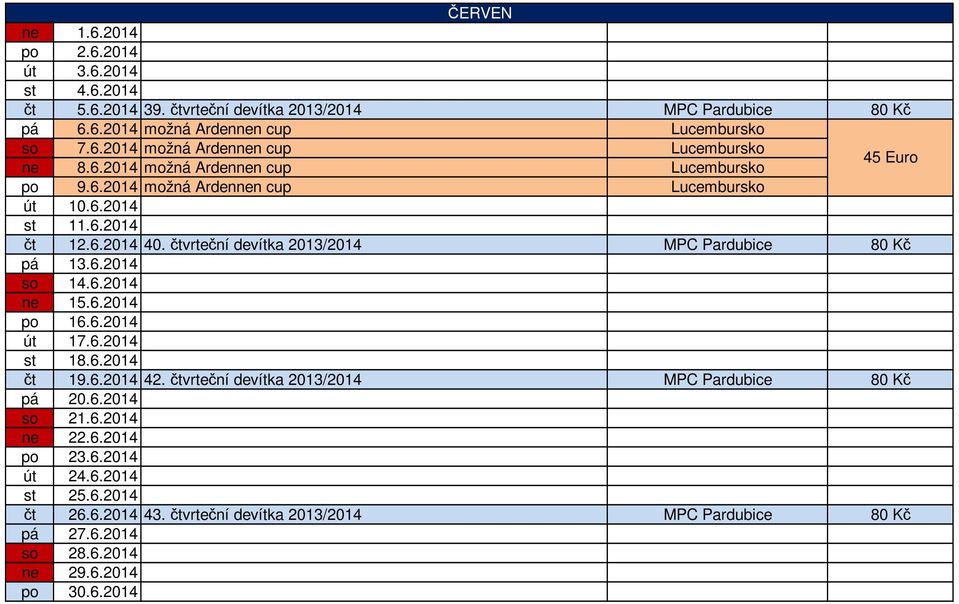 čtvrteční devítka 2013/2014 MPC Pardubice 80 Kč pá 13.6.2014 14.6.2014 15.6.2014 po 16.6.2014 út 17.6.2014 st 18.6.2014 čt 19.6.2014 42.