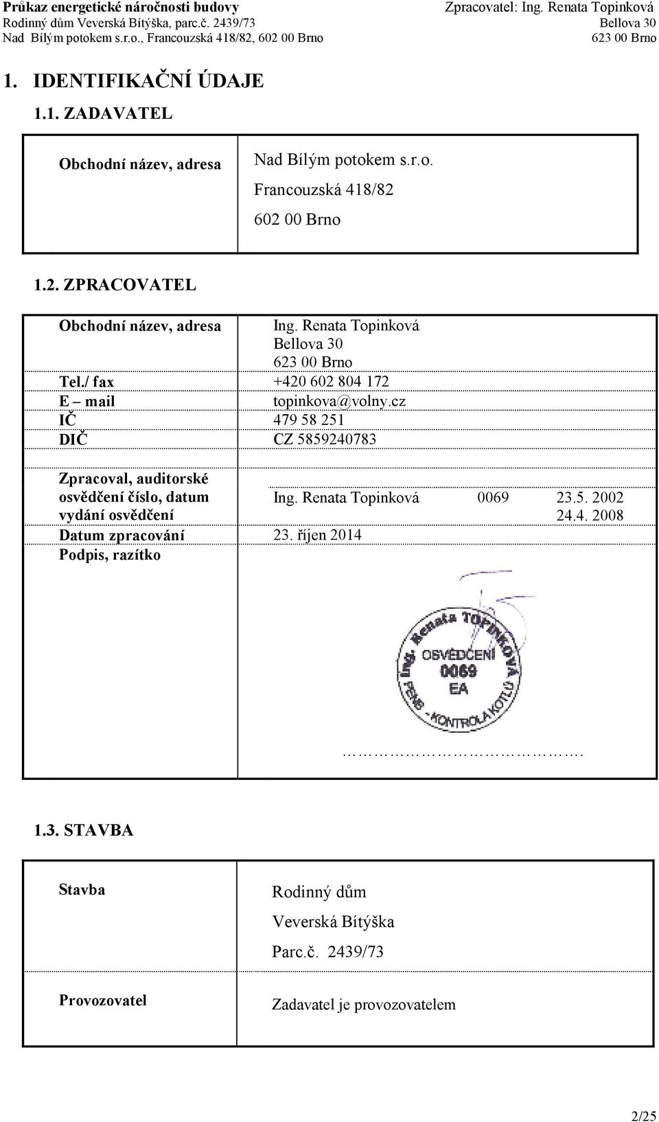 cz IČ 479 58 251 DIČ CZ 5859240783 Zpracoval, auditorské osvědčení číslo, datum vydání osvědčení Datum zpracování 23.