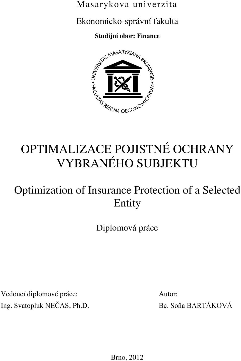 of Insurance Protection of a Selected Entity Diplomová práce Vedoucí