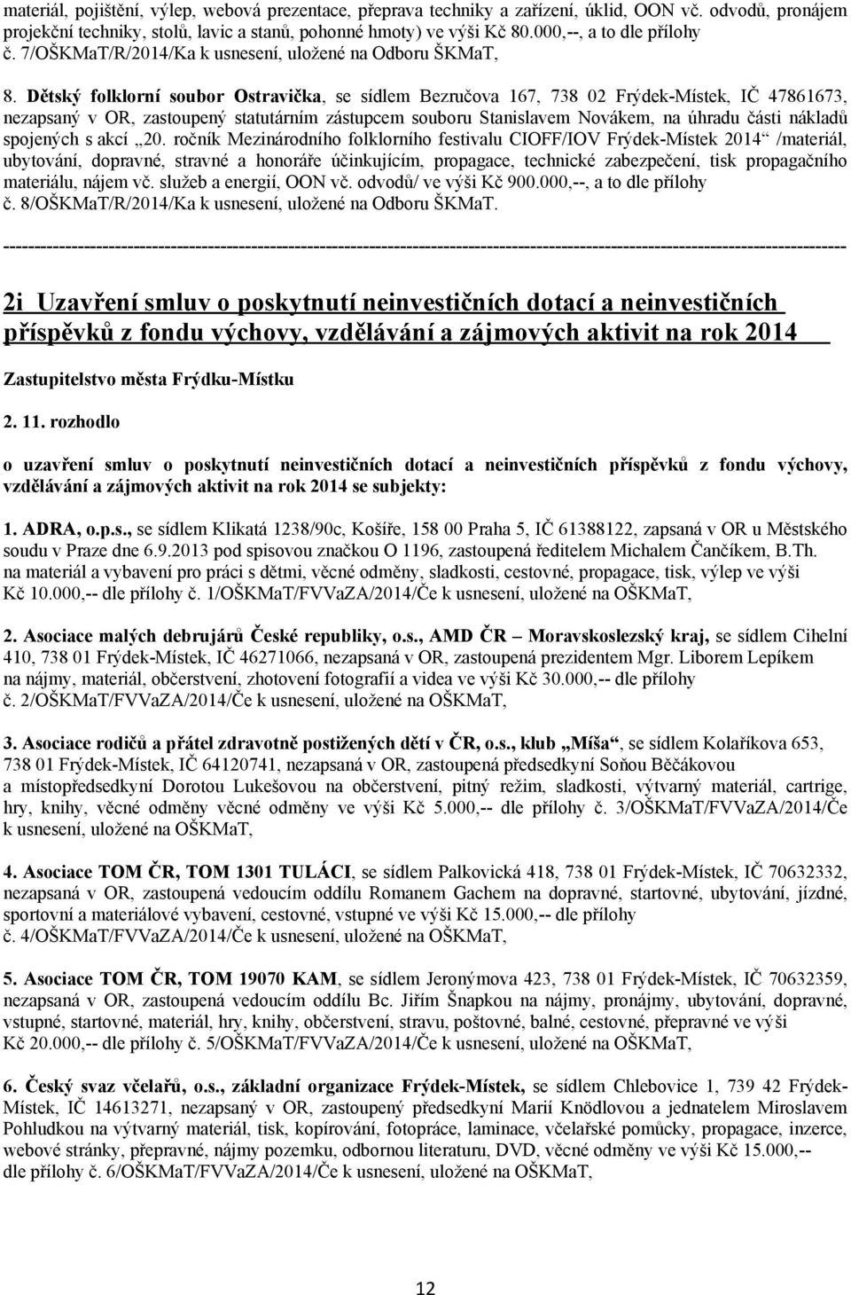 Dětský folklorní soubor Ostravička, se sídlem Bezručova 167, 738 02 Frýdek-Místek, IČ 47861673, nezapsaný v OR, zastoupený statutárním zástupcem souboru Stanislavem Novákem, na úhradu části nákladů