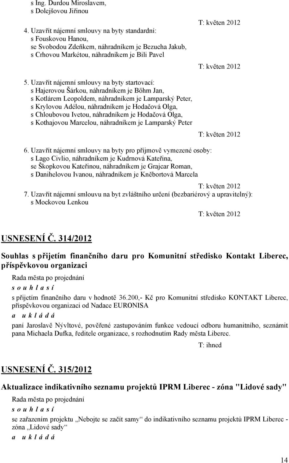 Uzavřít nájemní smlouvy na byty startovací: s Hajerovou Šárkou, náhradníkem je Bőhm Jan, s Kotlárem Leopoldem, náhradníkem je Lamparský Peter, s Krylovou Adélou, náhradníkem je Hodačová Olga, s