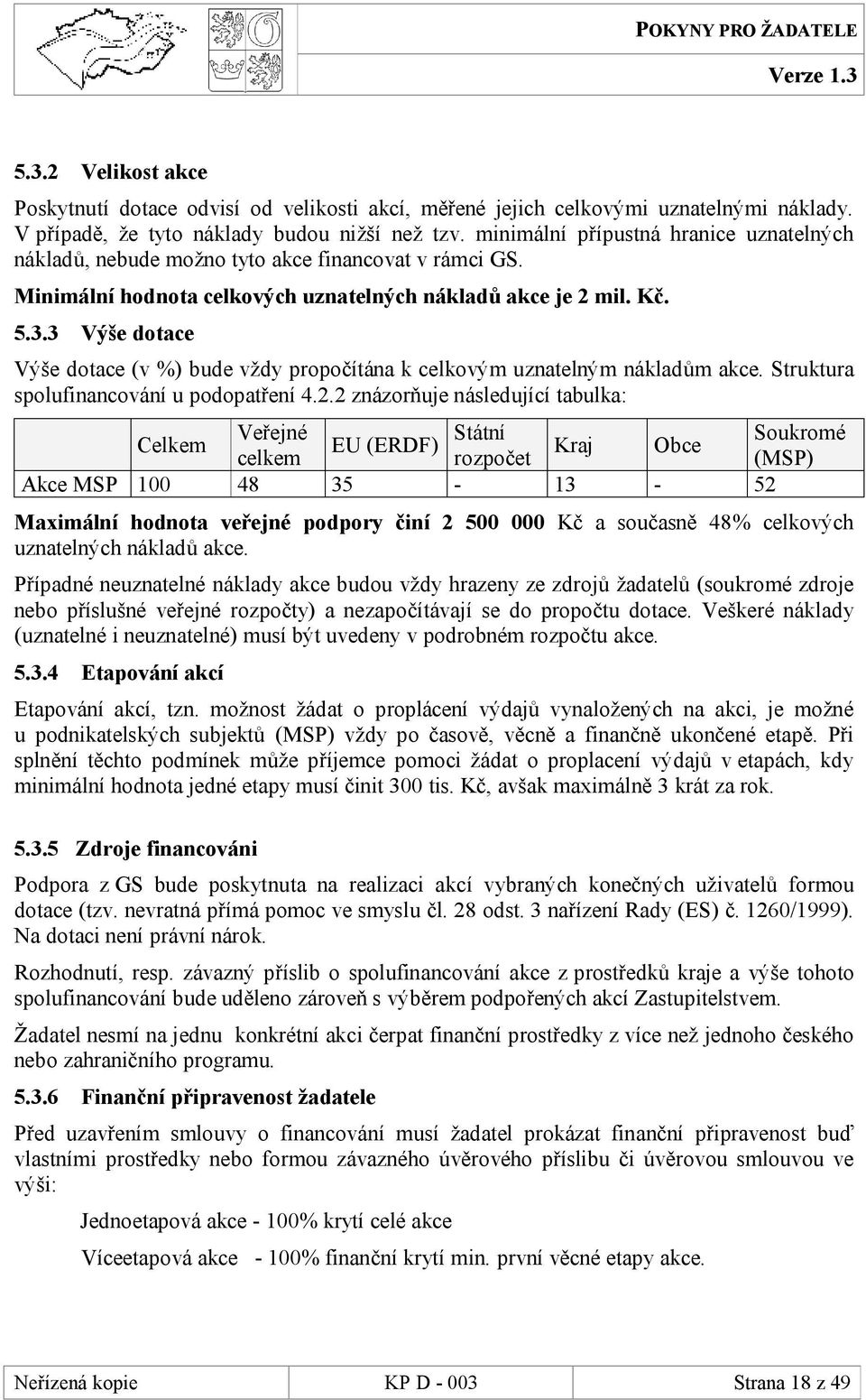 3 Výše dotace Výše dotace (v %) bude vždy propočítána k celkovým uznatelným nákladům akce. Struktura spolufinancování u podopatření 4.2.