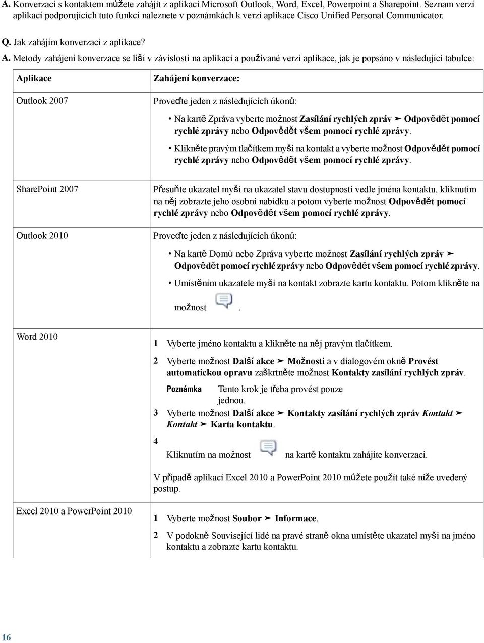 Metody zahájení konverzace se liší v závislosti na aplikaci a používané verzi aplikace, jak je popsáno v následující tabulce: Aplikace Outlook 2007 Zahájení konverzace: Proveďte jeden z následujících