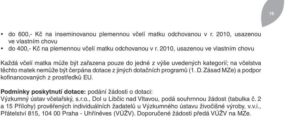 programů (1. D. Zásad MZe) a podpor kofinancovaných z prostředků EU. Podmínky poskytnutí dotace: podání žádosti o dotaci: Výzkumný ústav včelařský, s.r.o., Dol u Libčic nad Vltavou, podá souhrnnou žádost (tabulka č.