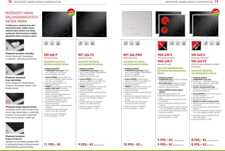 X 2 2 230 V 380 V 230 V 380 V Přednosti kovového rámečku: chrání desku při manipulaci s nádobím, zabraňuje přetečení F Přednosti zkosených hran celé desky: velmi elegantní vzhled desky, snadné a