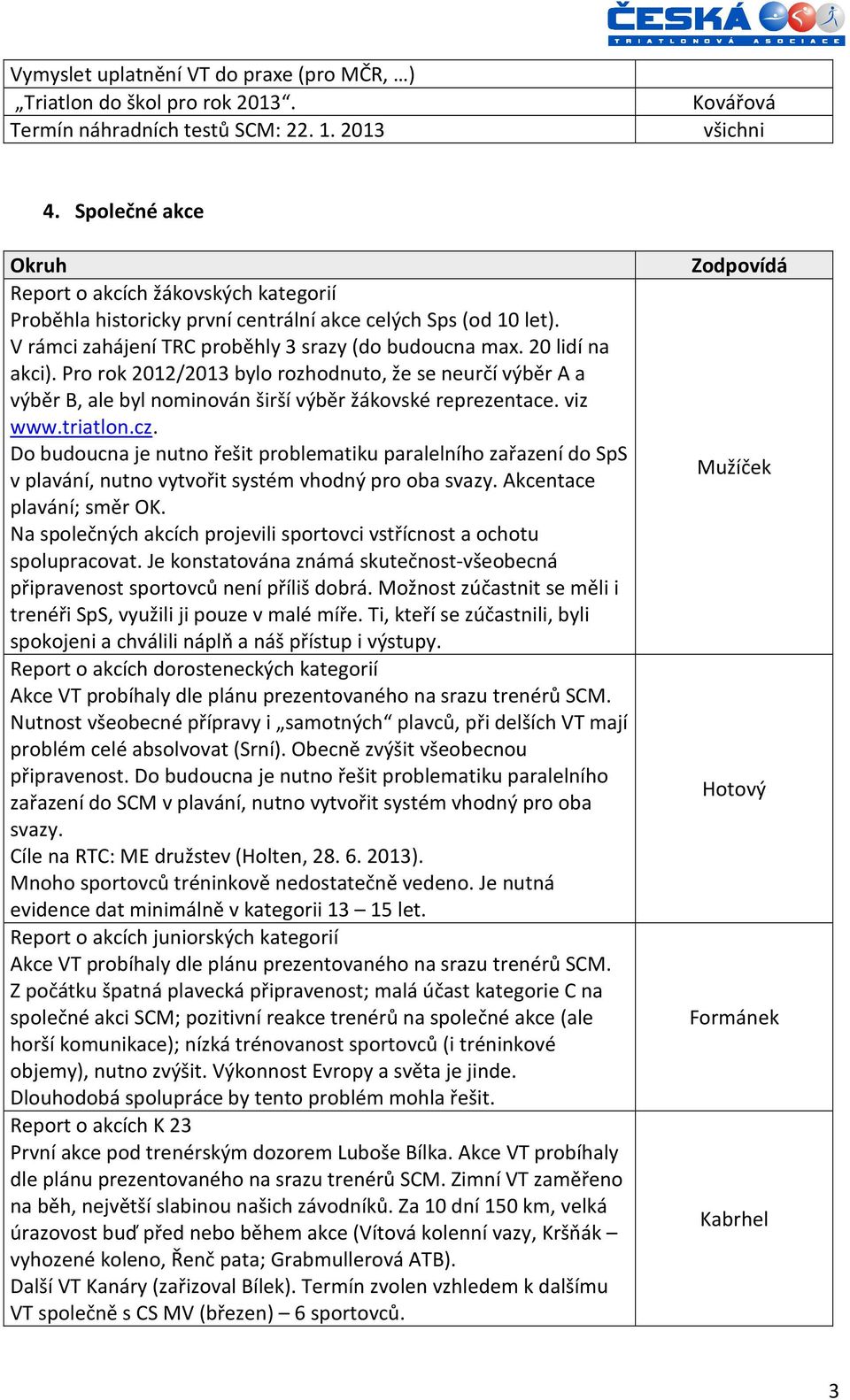 Pro rok 2012/2013 bylo rozhodnuto, že se neurčí výběr A a výběr B, ale byl nominován širší výběr žákovské reprezentace. viz www.triatlon.cz.