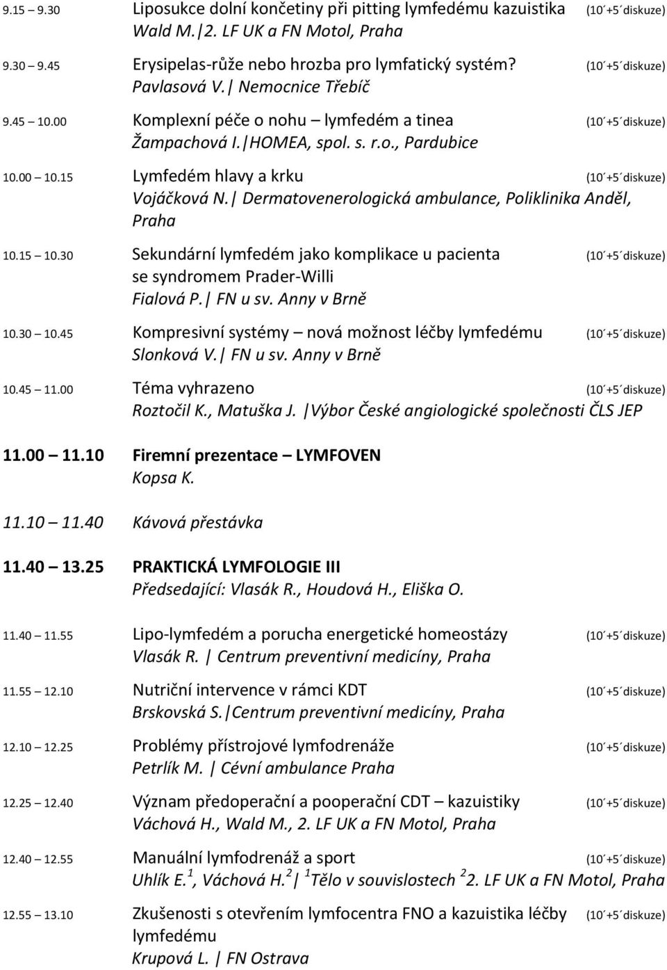 15 Lymfedém hlavy a krku (10 +5 diskuze) Vojáčková N. Dermatovenerologická ambulance, Poliklinika Anděl, Praha 10.15 10.