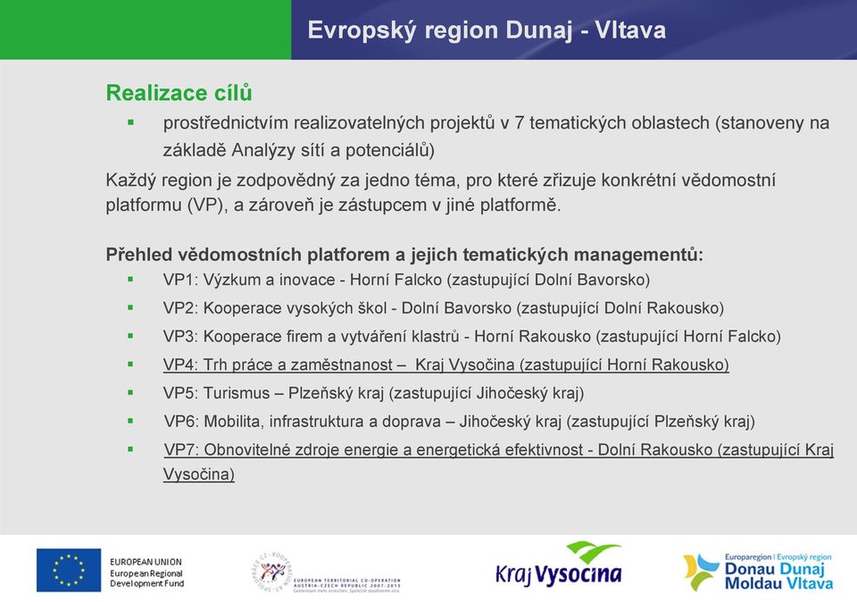 Přehled vědomostních platforem a jejich tematických managementů: VP1: Výzkum a inovace - Horní Falcko (zastupující Dolní Bavorsko) VP2: Kooperace vysokých škol - Dolní Bavorsko (zastupující Dolní