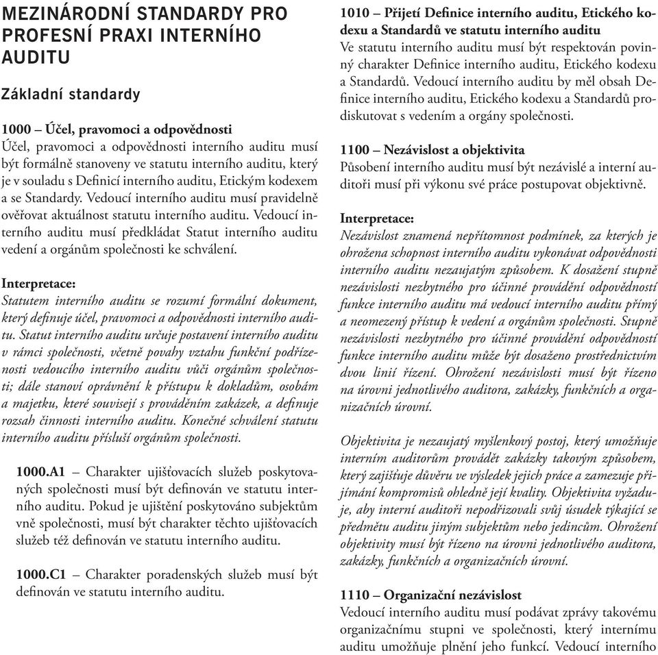 Vedoucí interního auditu musí předkládat Statut interního auditu vedení a orgánům společnosti ke schválení.