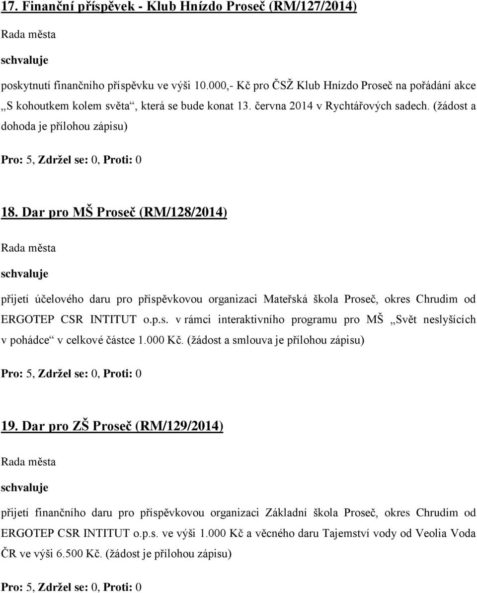 Dar pro MŠ Proseč (RM/128/2014) přijetí účelového daru pro příspěvkovou organizaci Mateřská škola Proseč, okres Chrudim od ERGOTEP CSR INTITUT o.p.s. v rámci interaktivního programu pro MŠ Svět neslyšících v pohádce v celkové částce 1.