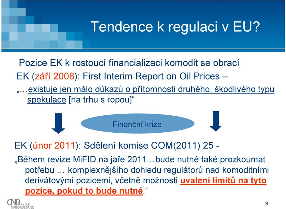 důkazů o přítomnosti druhého, škodlivého typu spekulace [na trhu s ropou] Finanční krize EK (únor 2011): Sdělení komise