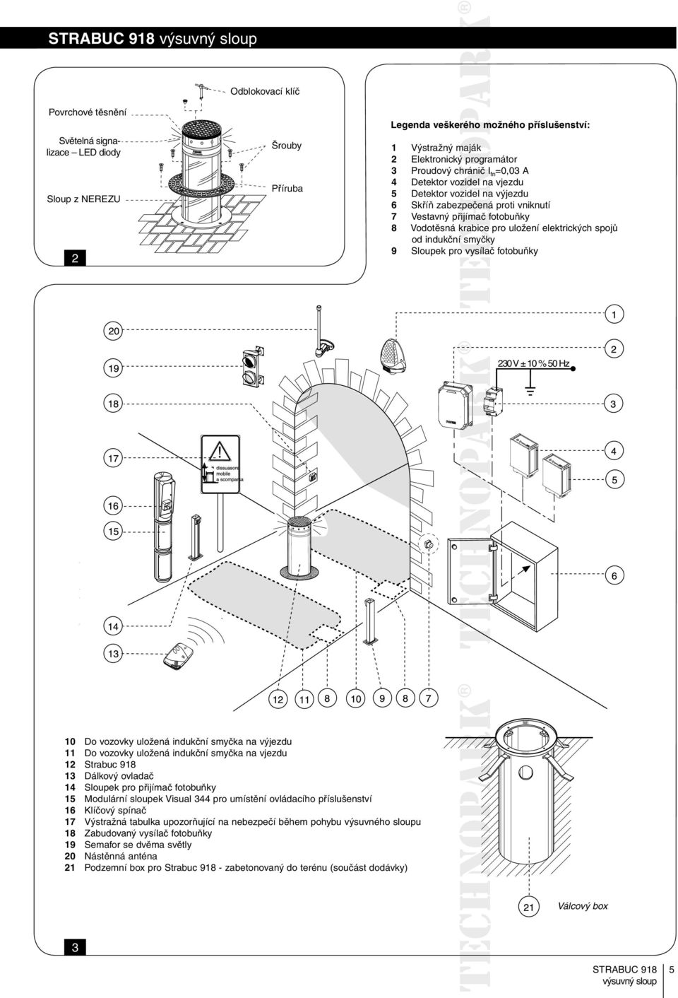 indukční smyčky 9 Sloupek pro vysílač fotobuňky 230 V ± 10 % 50 Hz 10 Do vozovky uložená indukční smyčka na výjezdu 11 Do vozovky uložená indukční smyčka na vjezdu 12 Strabuc 918 13 Dálkový ovladač