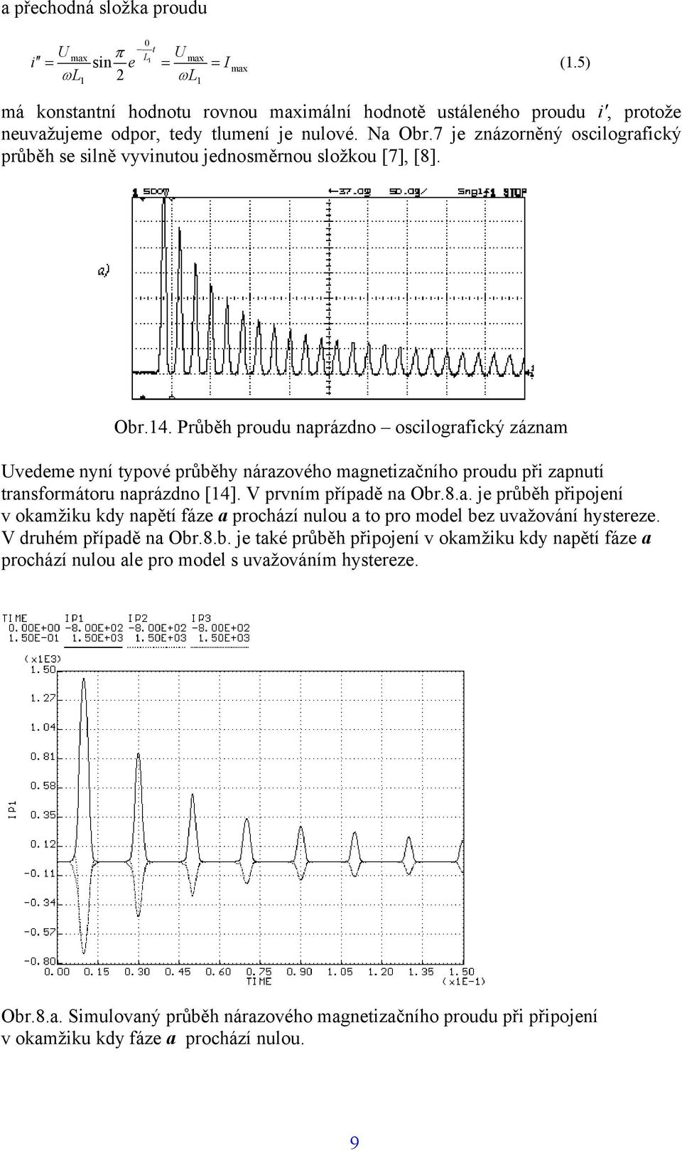 Průběh proudu naprázdno ocilografický záznam Uvedeme nyní typové průběhy nárazového magnetizačního proudu při zapnutí tranformátoru naprázdno [4]. V prvním případě na Obr.8.a. je průběh připojení v okamžiku kdy napětí fáze a prochází nulou a to pro model bez uvažování hytereze.