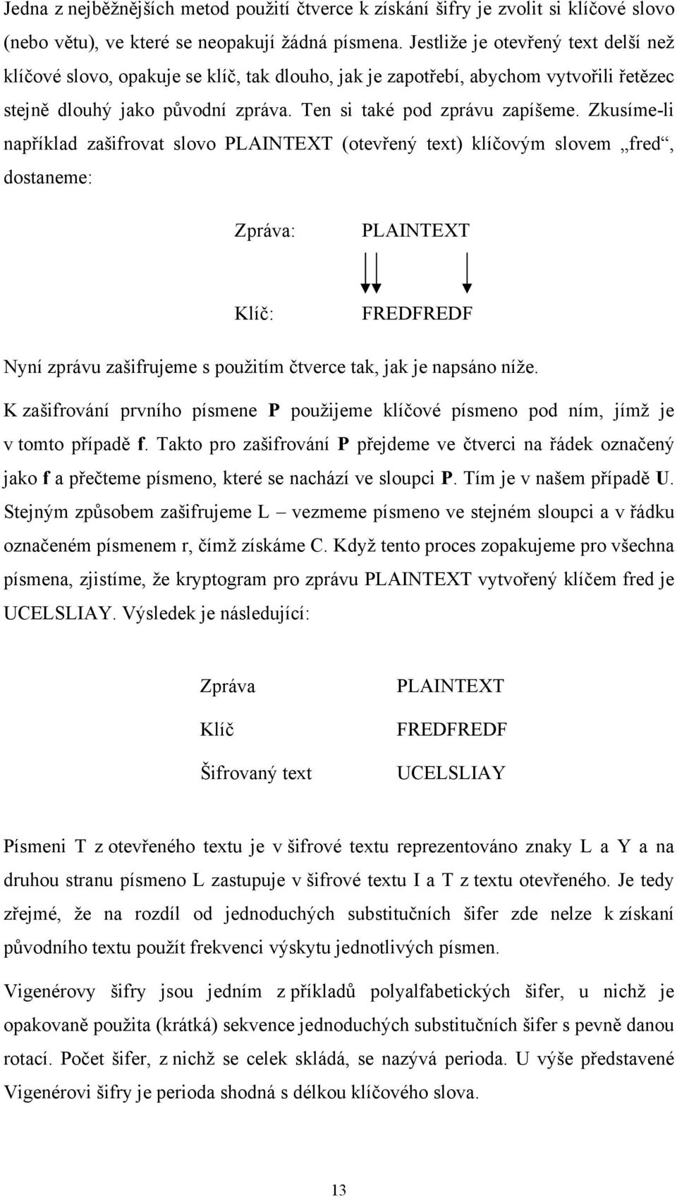 Zkusíme-li například zašifrovat slovo PLAINTEXT (otevřený text) klíčovým slovem fred, dostaneme: Zpráva: PLAINTEXT Klíč: FREDFREDF Nyní zprávu zašifrujeme s použitím čtverce tak, jak je napsáno níže.