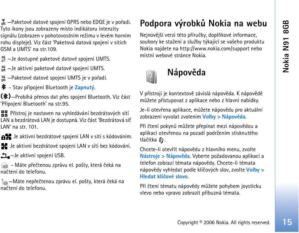 - Stav pøipojení Bluetooth je Zapnutý. Probíhá pøenos dat pøes spojení Bluetooth. Viz èást Pøipojení Bluetooth na str.95.