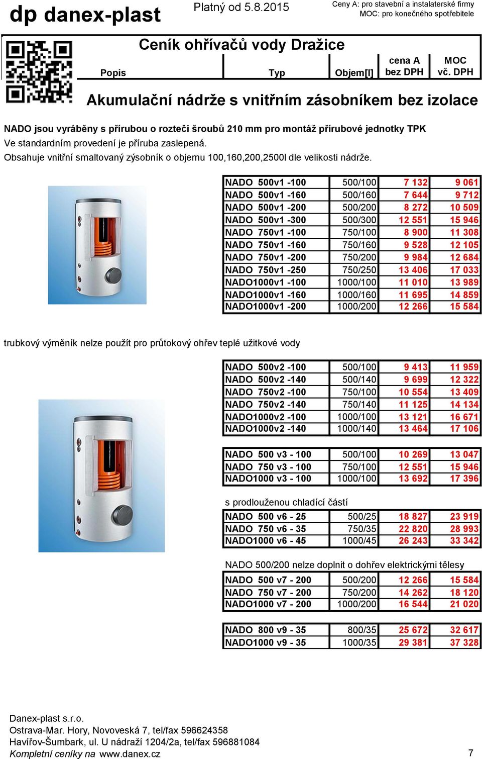 Akumulační nádrže s vnitřním zásobníkem bez izolace NADO 500v1-100 500/100 7 132 9 061 NADO 500v1-160 500/160 7 644 9 712 NADO 500v1-200 500/200 8 272 10 509 NADO 500v1-300 500/300 12 551 15 946 NADO