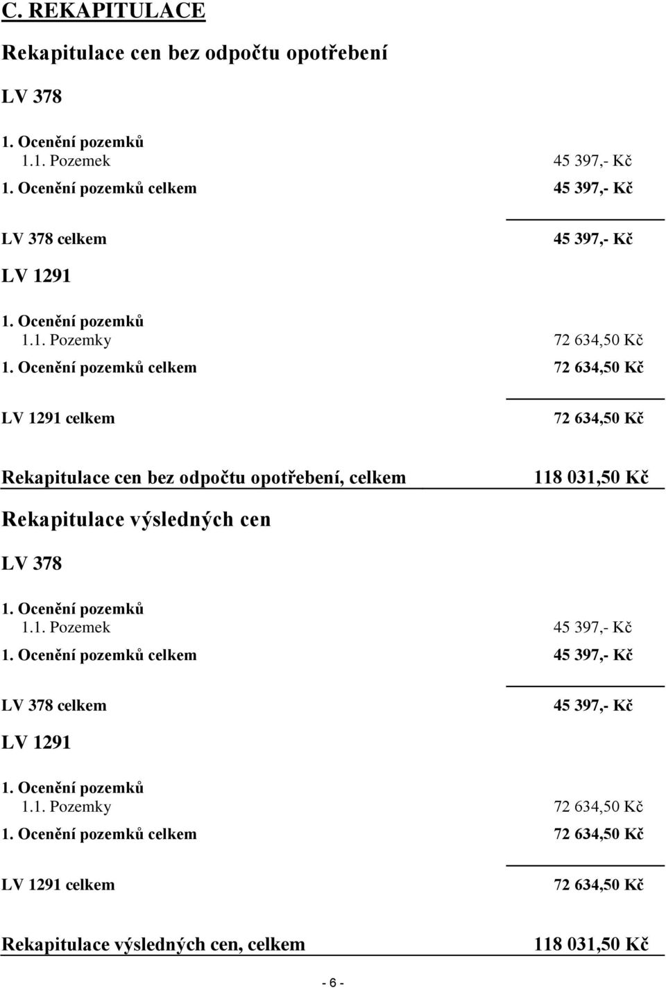 Ocenění pozemků celkem 72 634,50 Kč LV 1291 celkem 72 634,50 Kč Rekapitulace cen bez odpočtu opotřebení, celkem 118 031,50 Kč Rekapitulace výsledných cen LV 378 1.