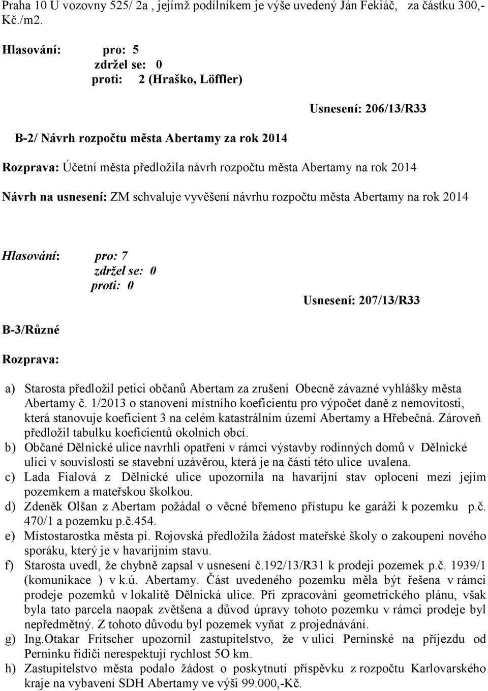 usnesení: ZM schvaluje vyvěšení návrhu rozpočtu města Abertamy na rok 2014 Usnesení: 207/13/R33 B-3/Různé Rozprava: a) Starosta předložil petici občanů Abertam za zrušení Obecně závazné vyhlášky