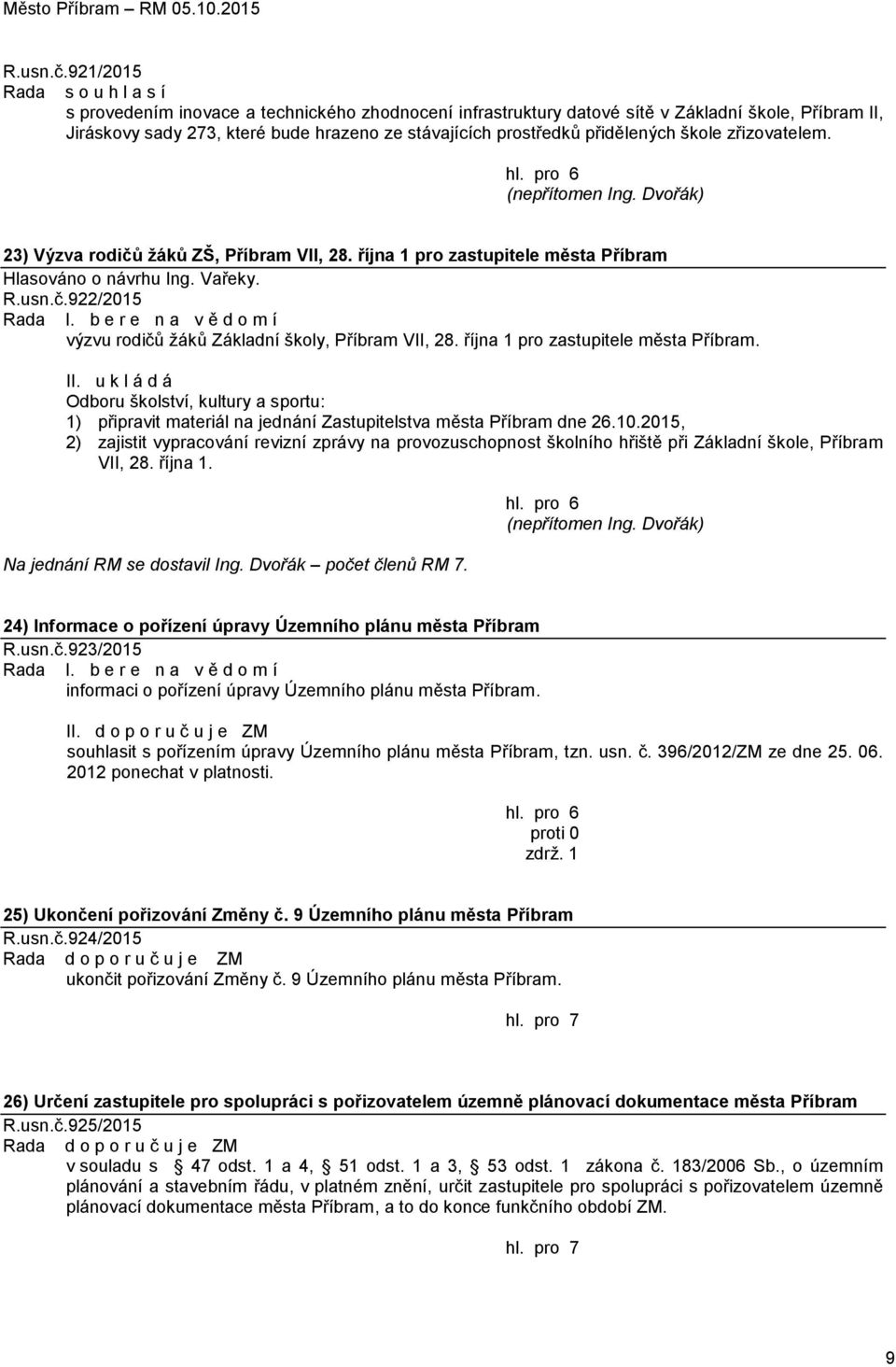 přidělených škole zřizovatelem. 23) Výzva rodičů žáků ZŠ, Příbram VII, 28. října 1 pro zastupitele města Příbram Hlasováno o návrhu Ing. Vařeky. 922/2015 Rada I.