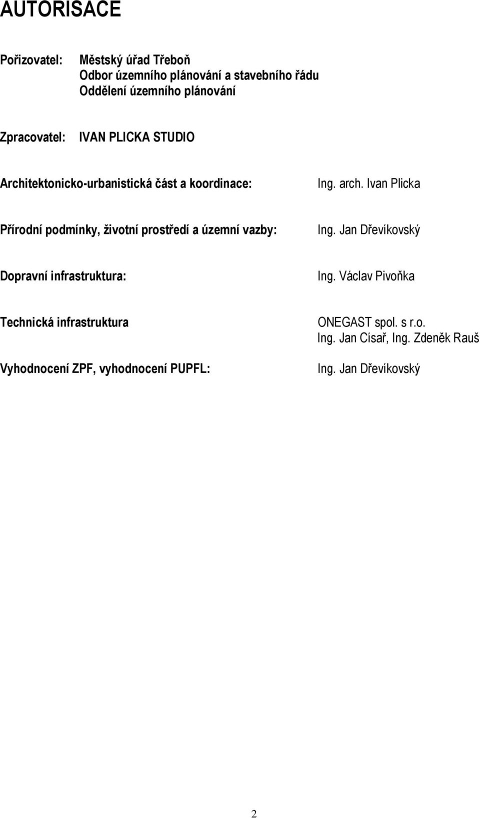 Ivan Plicka Přírodní podmínky, životní prostředí a územní vazby: Ing. Jan Dřevíkovský Dopravní infrastruktura: Ing.