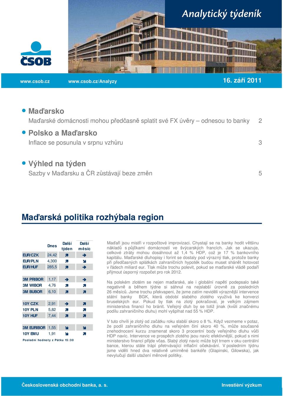 beze změn 5 Maďarská politika rozhýbala region Dnes Další týden Další měsíc EUR/CZK 24,42 EUR/PLN 4,300 EUR/HUF 285,5 3M PRIBOR 1,17 3M WIBOR 4,76 3M BUBOR 6,10 10Y CZK 2,91 10Y PLN 5,82 10Y HUF 7,44