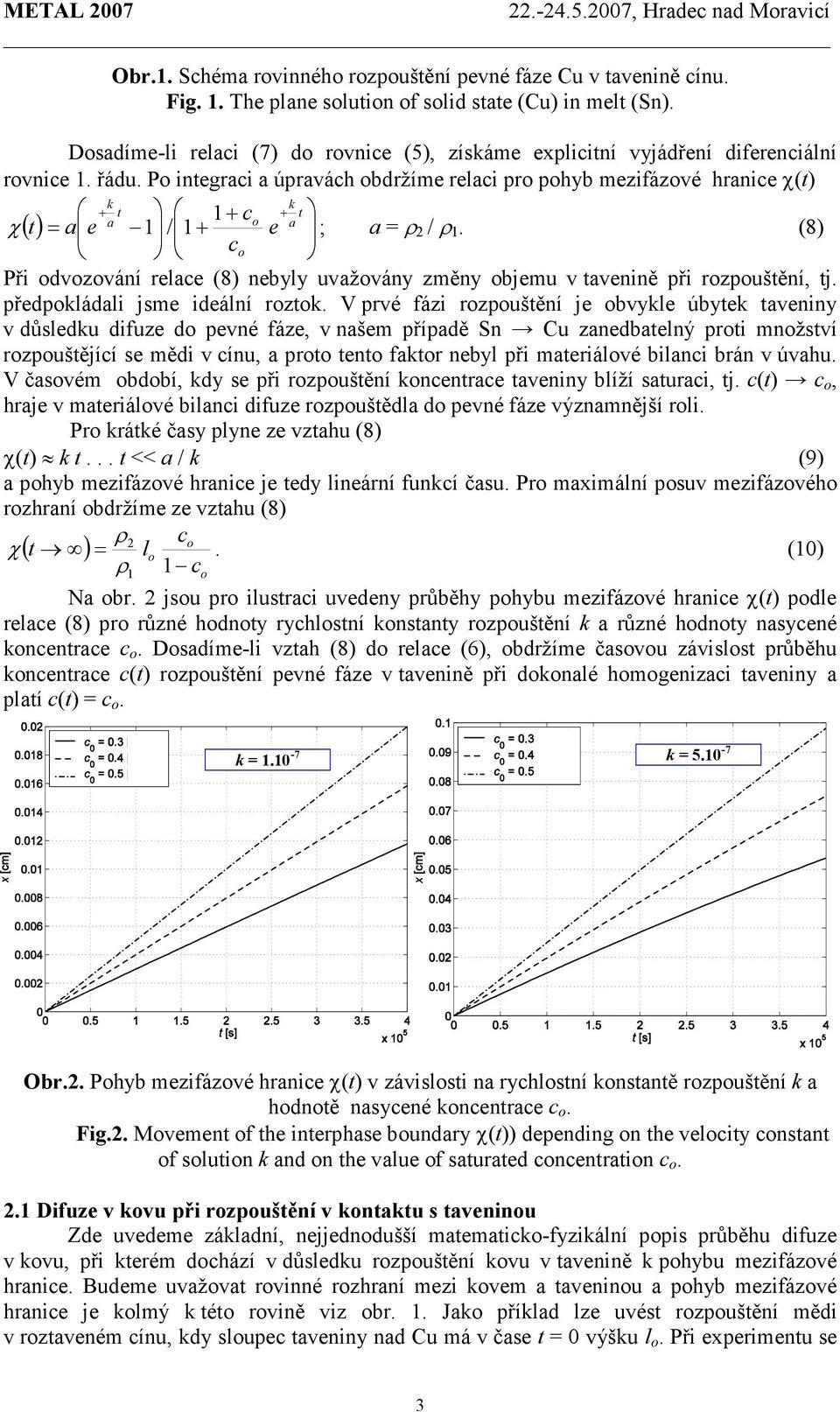 Po integraci a úpravách obdržíme relaci pro pohyb mezifázové hranice χ(t) k k + t 1+ c + t ( ) a = o a χ t a e 1 / 1+ e ; a = ρ 2 / ρ 1.