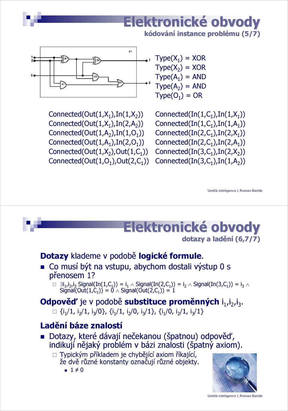 ),In(2,A 1 )) Connected(Out(1,X 2 ),Out(1,C 1 )) Connected(In(3,C 1 ),In(2,X 2 )) Connected(Out(1,O 1 ),Out(2,C 1 )) Connected(In(3,C 1 ),In(1,A 2 )) Elektronické obvody dotazy a ladění (6,7/7)