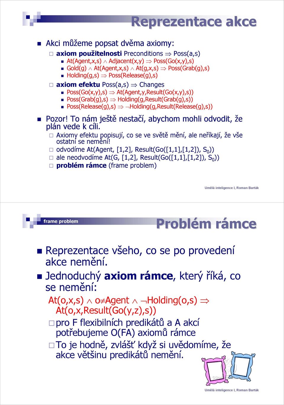 To nám ještě nestačí, abychom mohli odvodit, že plán vede k cíli. Axiomy efektu popisují, co se ve světě mění, ale neříkají, že vše ostatní se nemění!