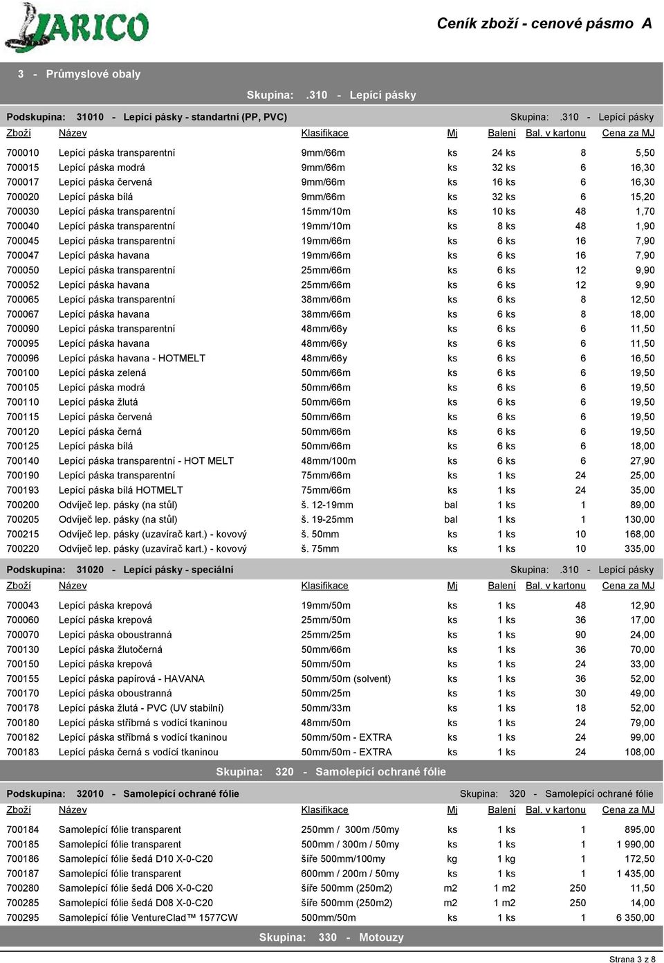 páska bílá 9mm/66m ks 32 ks 6 15,20 700030 Lepící páska transparentní 15mm/10m ks 10 ks 48 1,70 700040 Lepící páska transparentní 19mm/10m ks 8 ks 48 1,90 700045 Lepící páska transparentní 19mm/66m