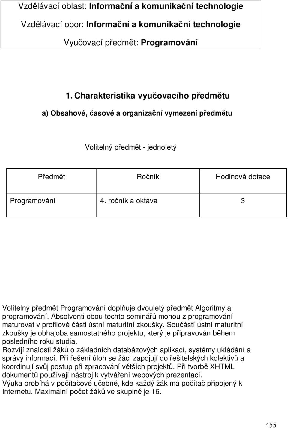 roník a oktáva 3 Volitelný pedmt Programování dopluje dvouletý pedmt Algoritmy a programování. Absolventi obou techto seminá mohou z programování maturovat v profilové ásti ústní maturitní zkoušky.