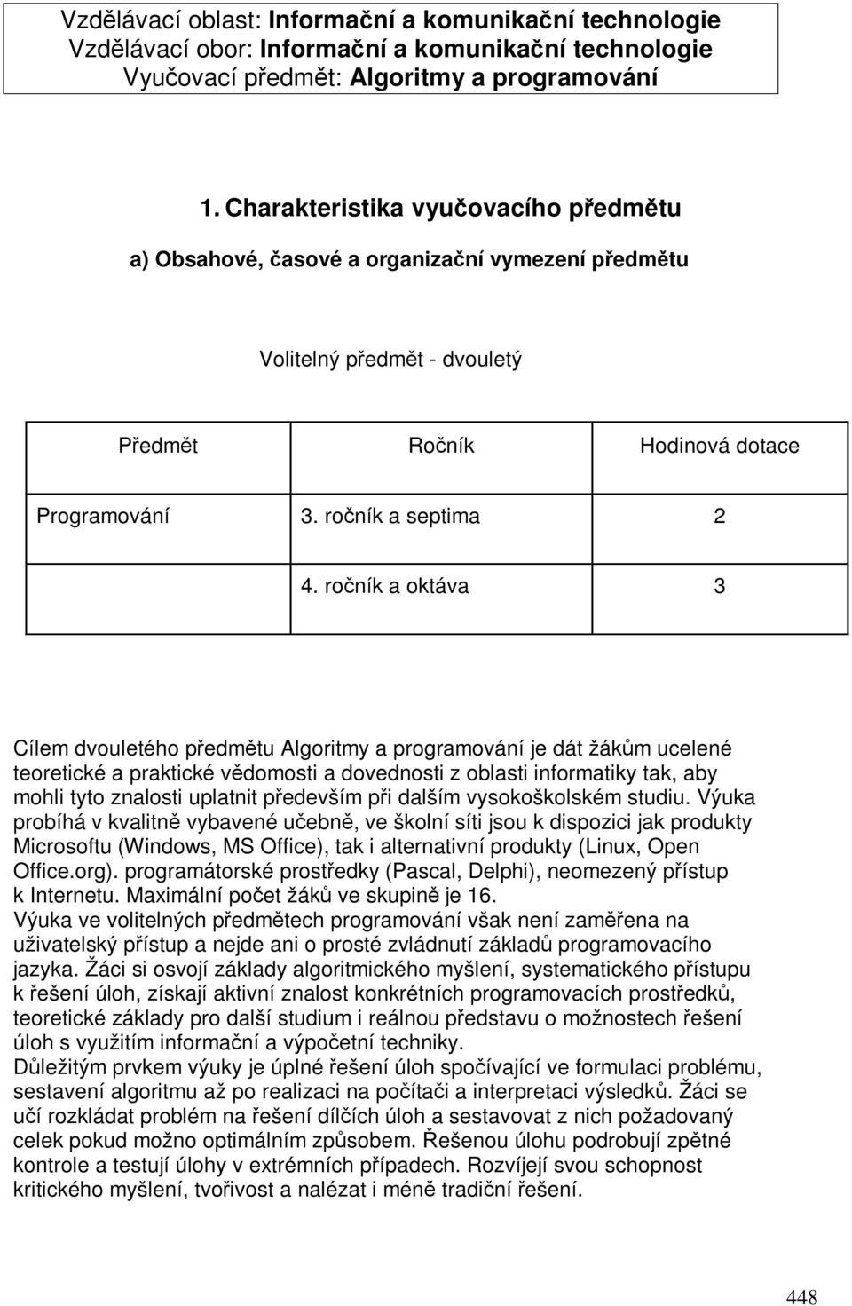 roník a oktáva 3 Cílem dvouletého pedmtu Algoritmy a programování je dát žákm ucelené teoretické a praktické vdomosti a dovednosti z oblasti informatiky tak, aby mohli tyto znalosti uplatnit pedevším