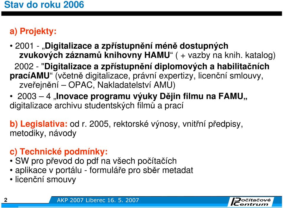 Nakladatelství AMU) 2003 4 Inovace programu výuky Dějin filmu na FAMU digitalizace archivu studentských filmů a prací b) Legislativa: od r.