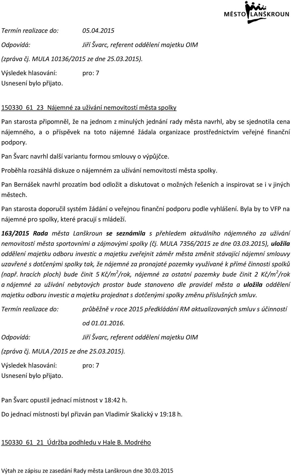 žádala organizace prostřednictvím veřejné finanční podpory. Pan Švarc navrhl další variantu formou smlouvy o výpůjčce. Proběhla rozsáhlá diskuze o nájemném za užívání nemovitostí města spolky.