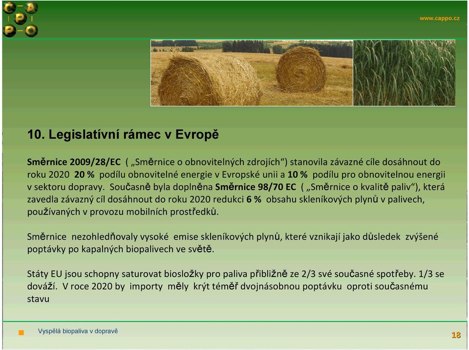 Současně byla doplněna Směrnice 98/70 EC ( Směrnice o kvalitě paliv ), která zavedla závazný cíl dosáhnout do roku 2020 redukci 6 % obsahu skleníkových plynů v palivech, používaných v provozu