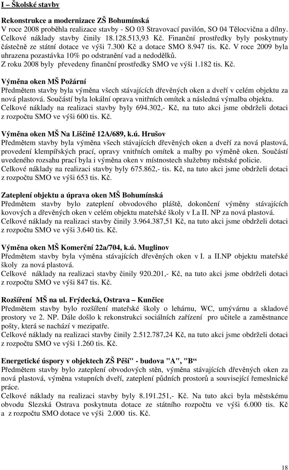 Z roku 2008 byly převedeny finanční prostředky SMO ve výši 1.182 tis. Kč. Výměna oken MŠ Požární Předmětem stavby byla výměna všech stávajících dřevěných oken a dveří v celém objektu za nová plastová.