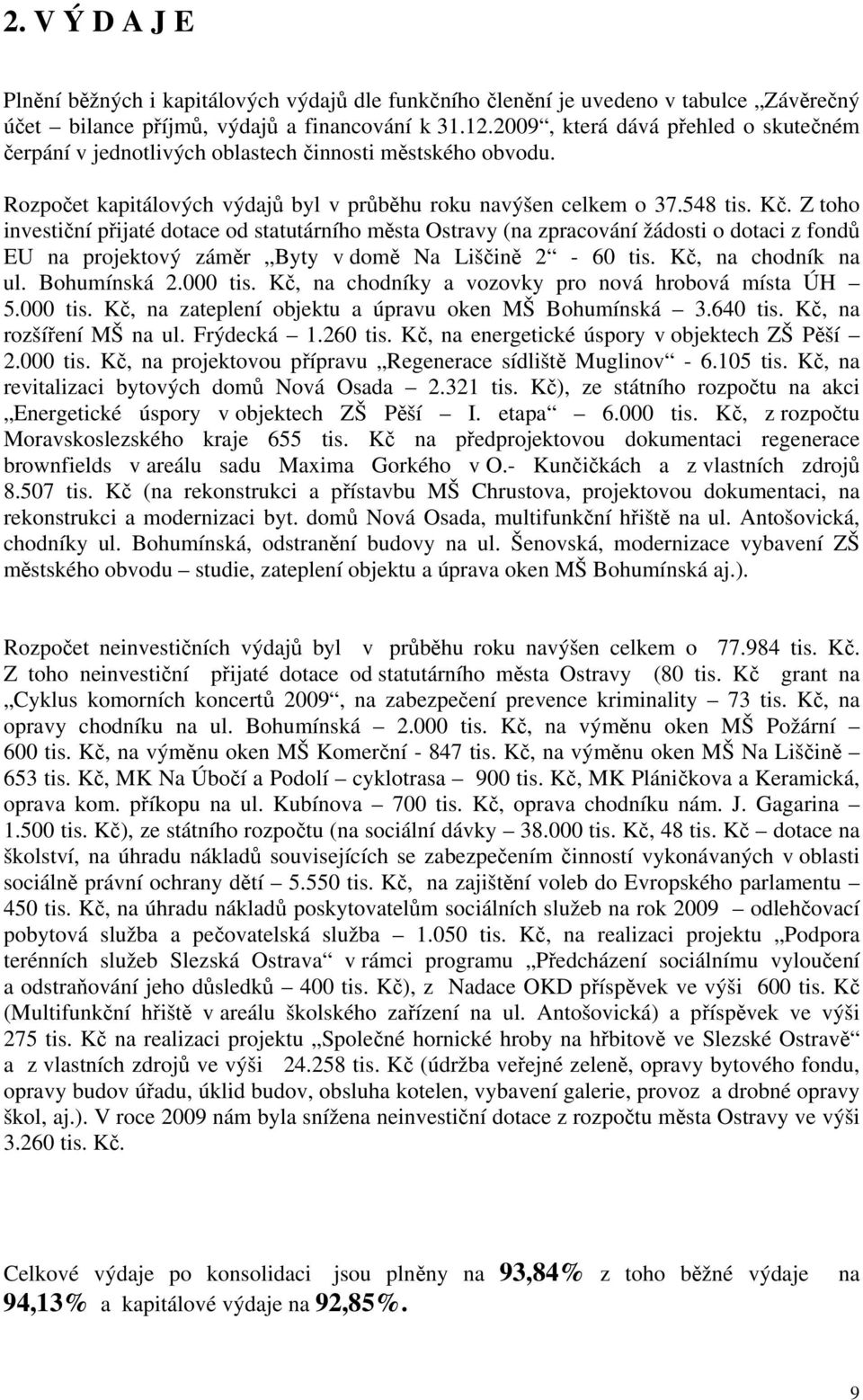 Z toho investiční přijaté dotace od statutárního města Ostravy (na zpracování žádosti o dotaci z fondů EU na projektový záměr Byty v domě Na Liščině 2-60 tis. Kč, na chodník na ul. Bohumínská 2.