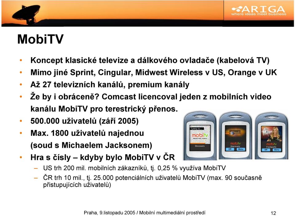 000 uživatelů (září 2005) Max. 1800 uživatelů najednou (soud s Michaelem Jacksonem) Hra s čísly kdyby bylo MobiTV v ČR US trh 200 mil.